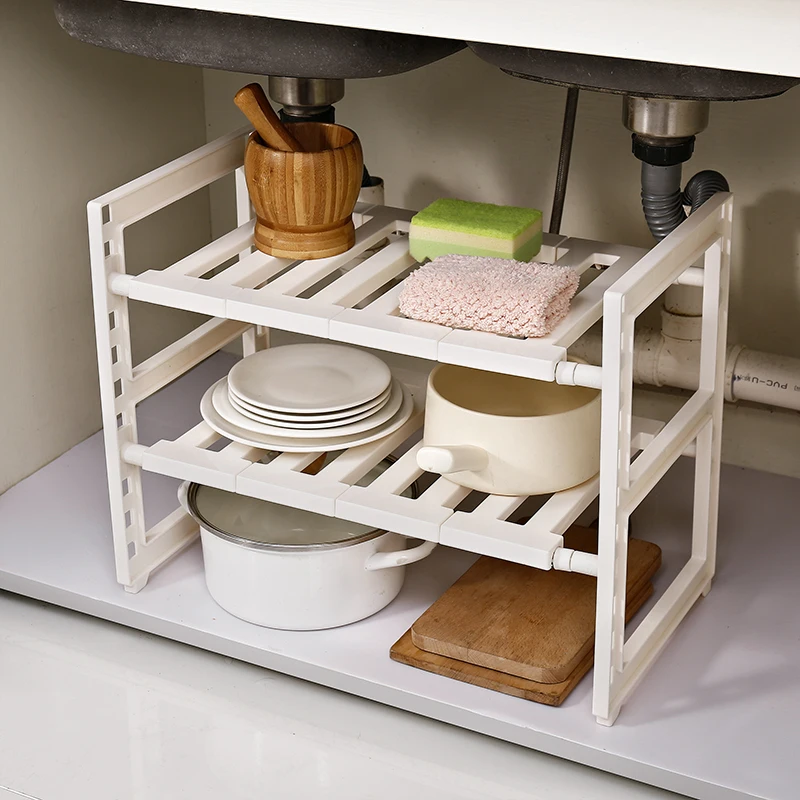 

Cheap price smart design 2 tier plastic cabinet storage multifunction adjustable kitchen expandable shelf under sink organizer, White,coffee