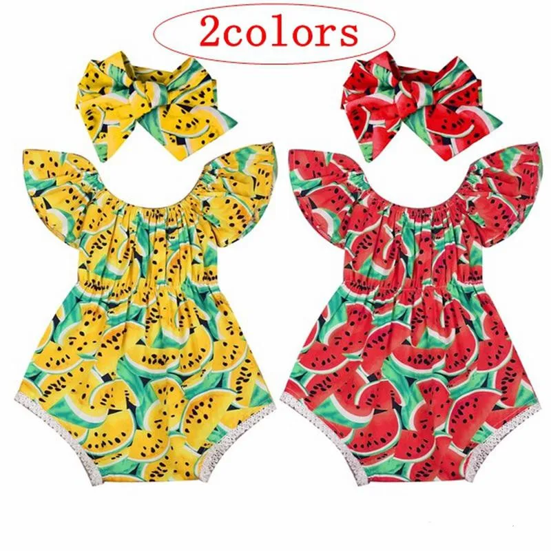 

P108040 0-2T Baby Girls Rompers Infant Summer Jumpsuit Headband Set Watermelon Print, 2colors for choose