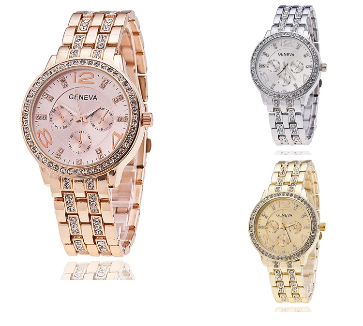 

Free Shipping Geneva Watch Women Dress Watches Rose Gold Stainless Steel Analog Quartz Womans Ladies Rhinestone Wrist watches, N/a