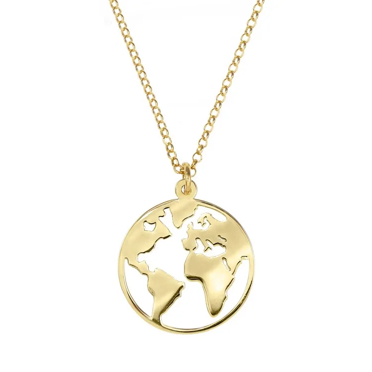 

2019 Fashion Necklace Design High Polished Map Pendant Necklace 14k Gold Plated Globe Necklace Travel Jewelry