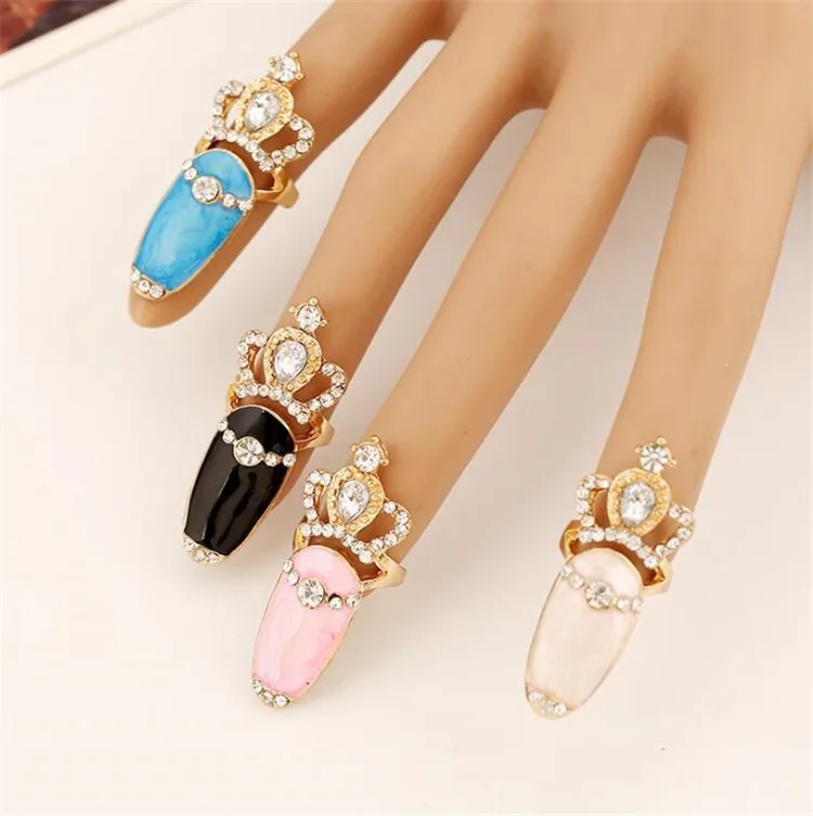 

Fashion Nail Ring Charm Gold Plated Crown Shaped Rhinestone Nail Ring for Women Jewelry, Balck,pink,white,blue