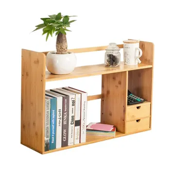 Bamboo Small Bookshelf Office Desk Storage Shelves With Drawers