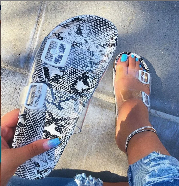 

2019 Women's Sandals Leopard Snake Print Summer Outside Slippers Ladies Flat Buckle Transparent Slippers Women Shoes, As shown