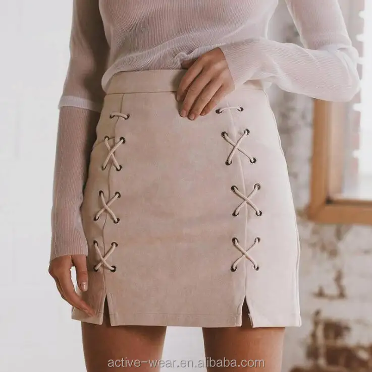 

2019 Latest European Stylish Open Lace Three Colors Short Suede Leather Sexy Body-con Skirt, As pic show