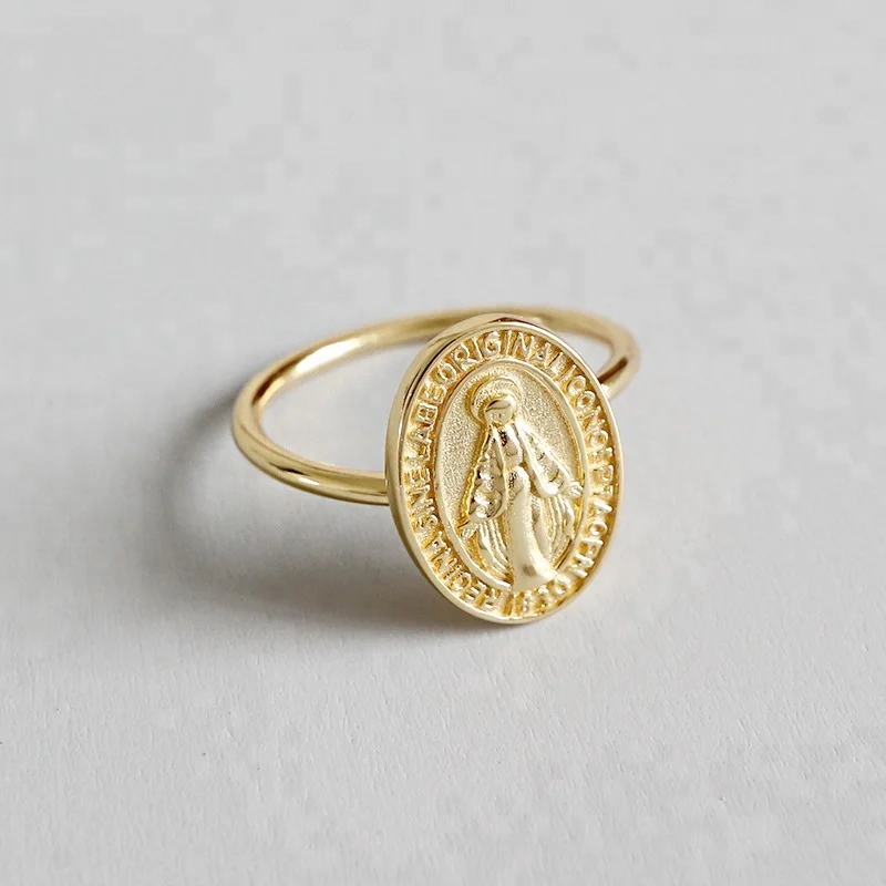 

S925 Sterling Silver Golden Virgin Mary Medal Open Index Finger Ring