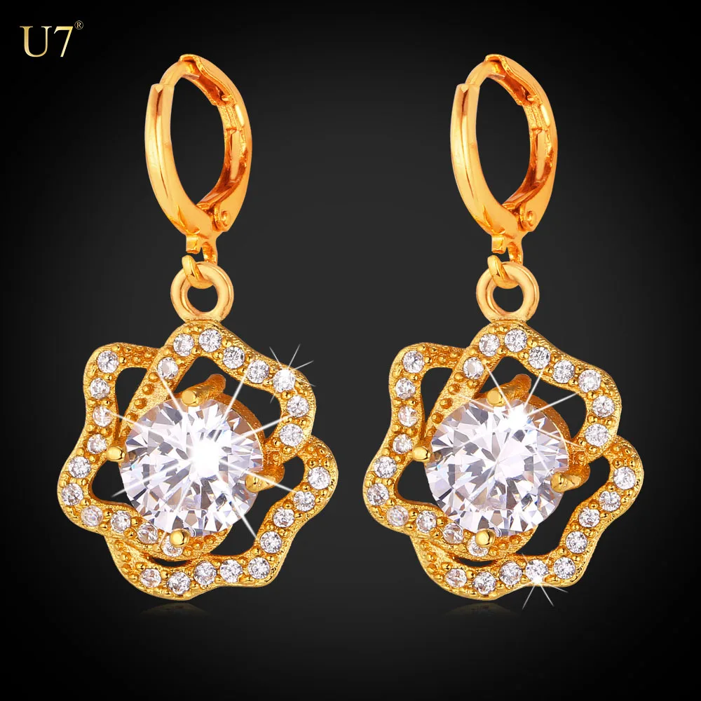 

U7 yellow CZ Bridal Earrings For Women 18k Gold Plated AAA Cubic Zirconia Flower Earrings Fashion Jewelry Wholesale, Gold /platinum color
