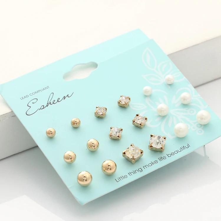 

New Fashion Jewelry Simple Round 9 Sets Large And Small Pearl Crystal Earrings Set 2018 Stud Earrings (KES019), Same as the picture