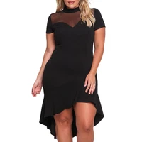

Fashion Women Black Plus Size Mesh Insert Ruffled High Low Hem Curvy Skirts 3XL Dress