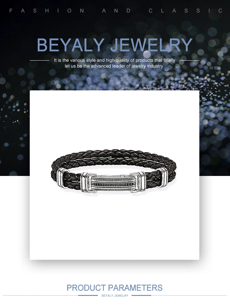 Shiny black braided leather silver wholesale men's bracelets