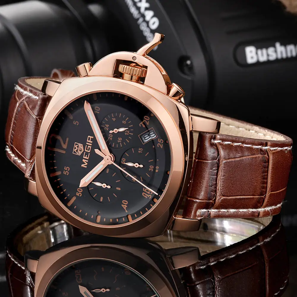 

luxury leather strap Chronograph Military quartz wrist Watches Relogio Masculino megir rose gold mens watch