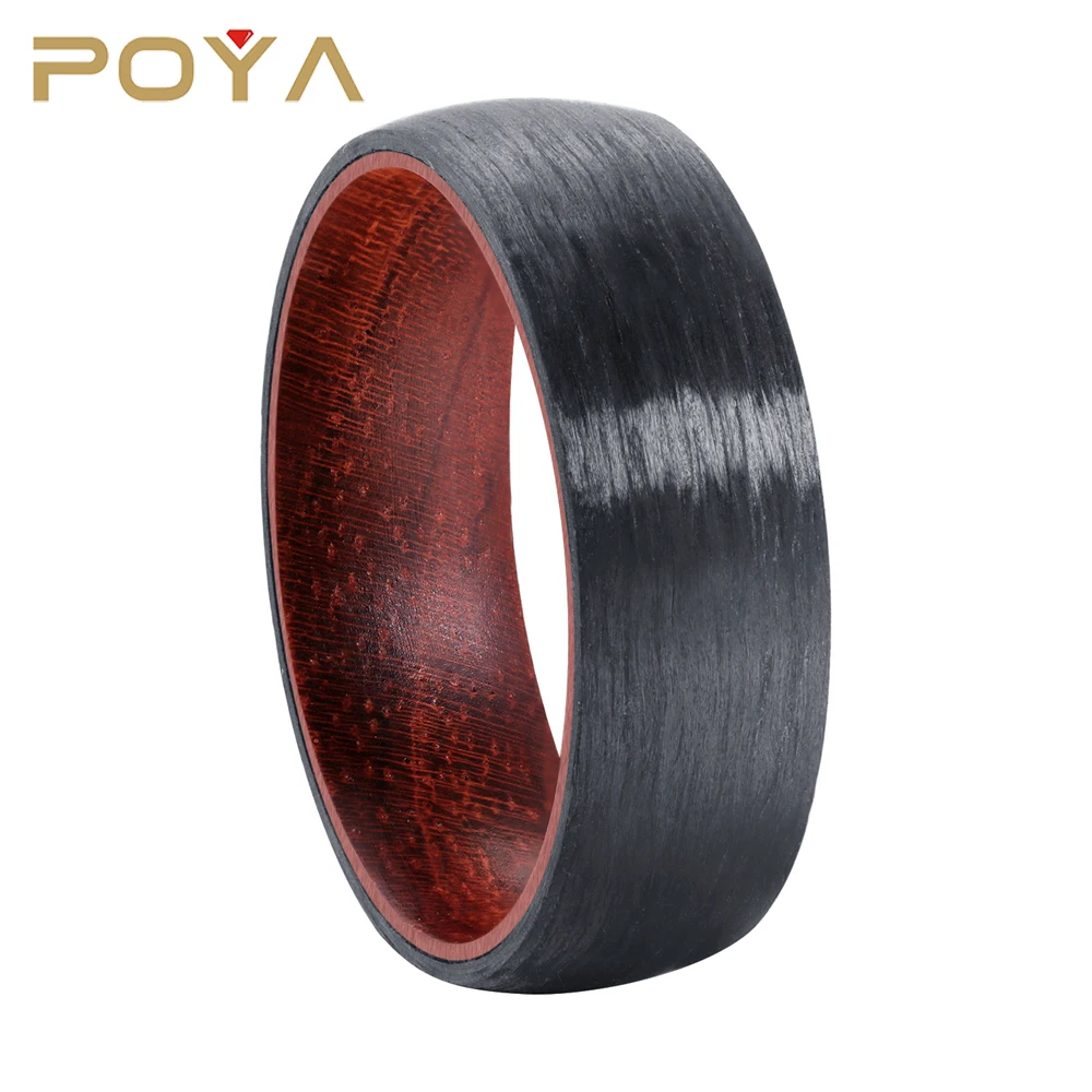 

POYA Jewelry 8mm Dome Black Carbon Fiber with Soild Wooden Insert Ring Comfort Fit