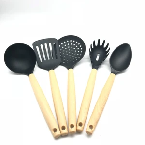 Image of New Design Nylon Kitchen Accessories with Wood grain plastic Handle 5 Piece Modern Cooking Tools Household kitchen Utensils Set