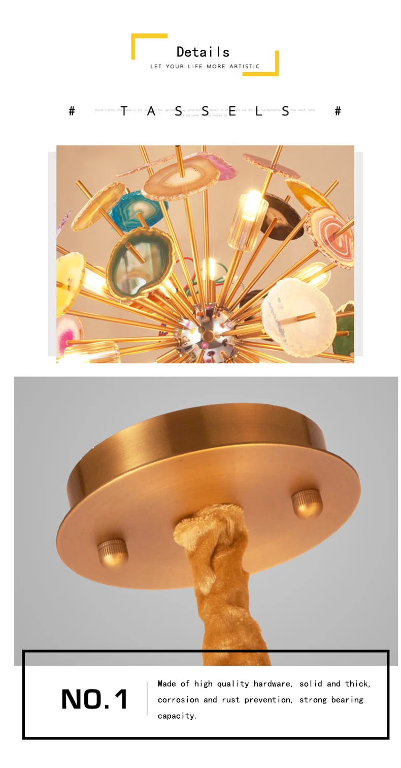 hot sale unique design Colorful Agate Stone round natural ball brass G9 LED Light chandelier