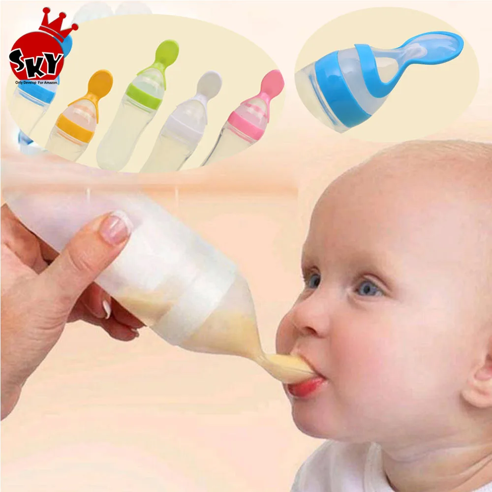 

Lovely Safety Infant Baby Silicone Feeding Bottles With Spoon silicone Feeder Food Rice Cereal Bottle For Best Gift