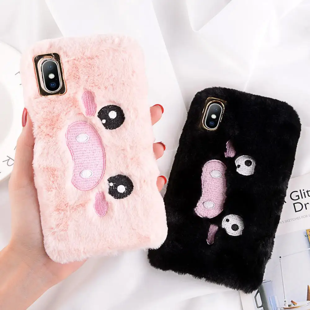 

USLION Cartoon Pig Soft TPU Furry Winter Plush Phone Case for iphone X XR XS MAX 6 7 8 Plus, Black;pink