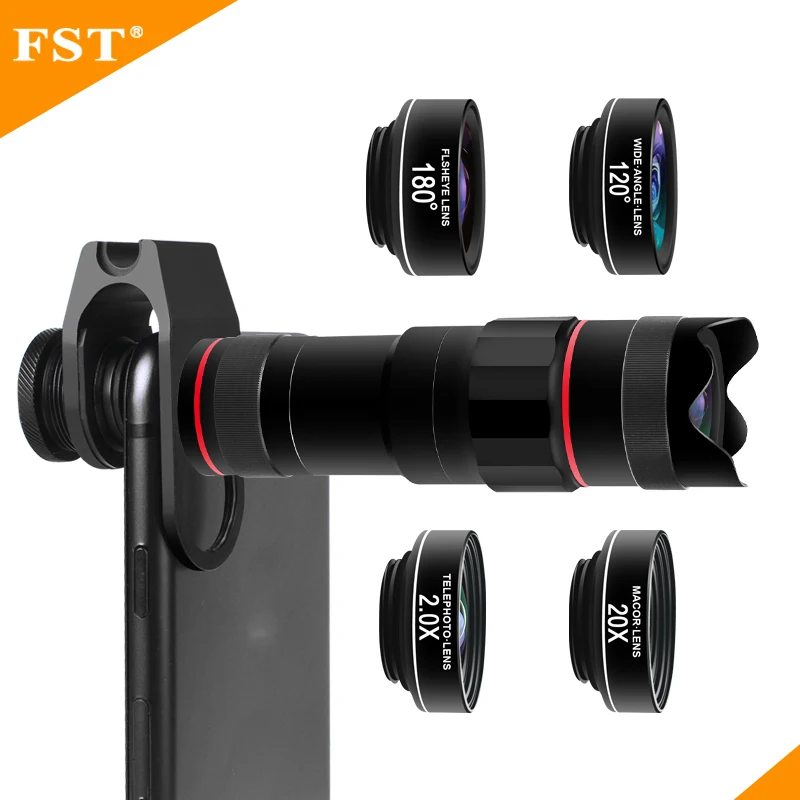 

5 In 1 Camera Lens Kit Mobile Zoom Lens 18x Telescope 0.65x Wide Angle 20x Macro+0.25x Fisheye Smartphone Lenses