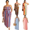 2019 hot sell 5colors summer sleeveless spaghetti strap raiinbow stripe belted bodycon maxi plus size dress