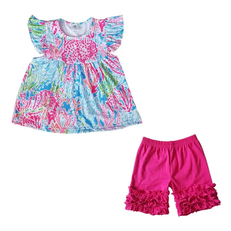 

newly arrival summer pearl dress girls outfits hot sale coral reef kids short set, As picture