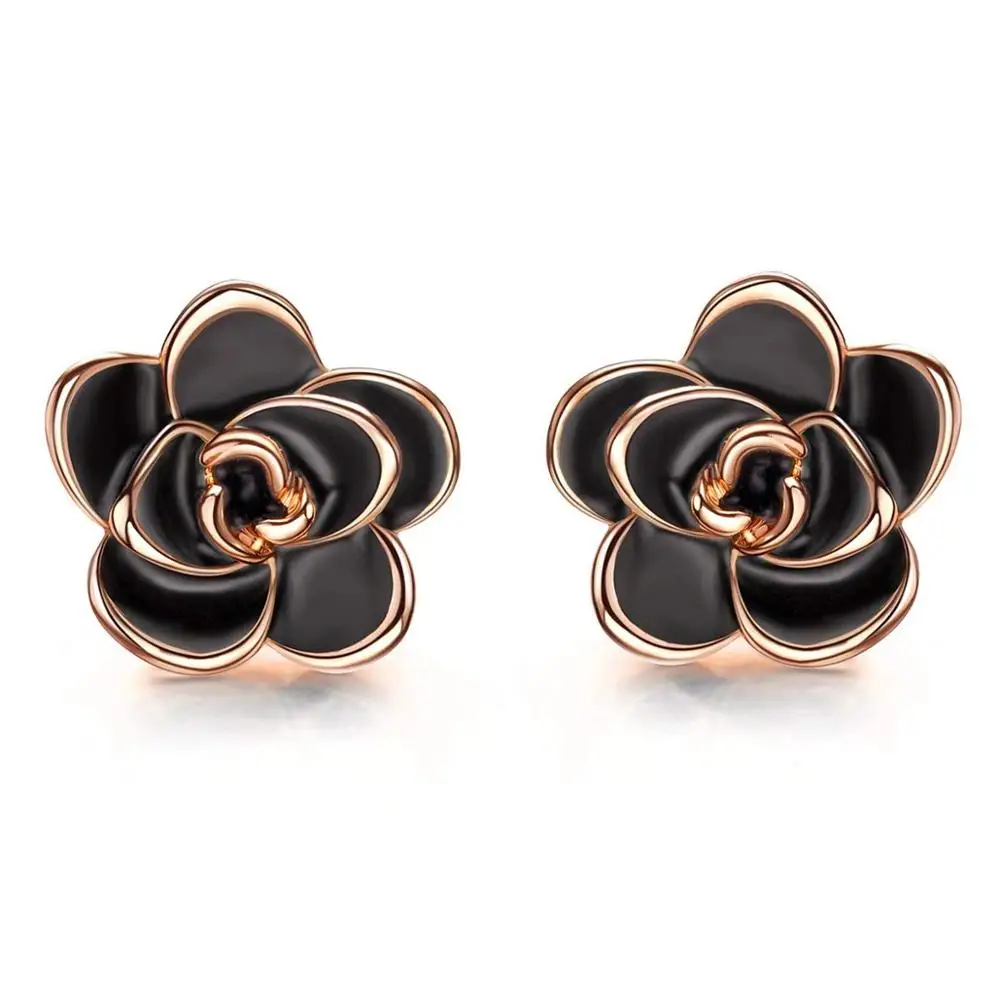 Gold Plated Sterling Silver Rose Flower Stud Earrings for Women,Created Black Diamond Earrings