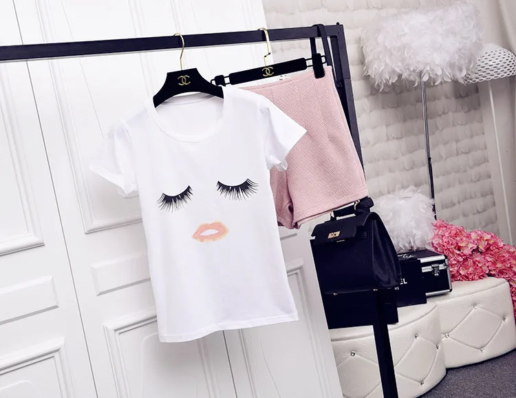 

Summer Fashion Women O-neck Short Sleeve Eyes Lip Printed Tee tops, White