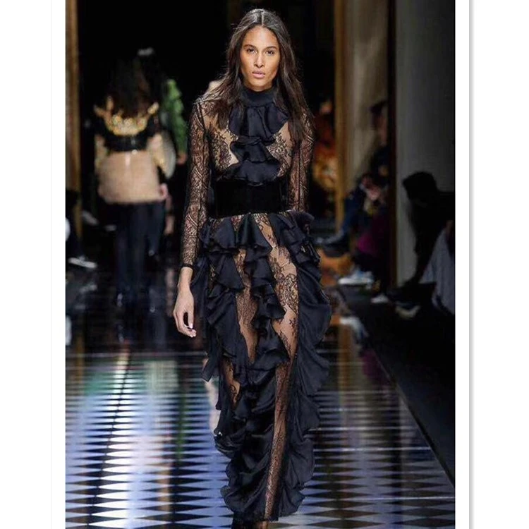 New Arrival Sexy Long Sleeve Lace Mech Women Bandage Celebrity Evening Runway Dress