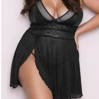 

Women Erotic Plus Size Babydoll Front Slit Lace Mesh Chemise Sleepwear Lingerie Femme