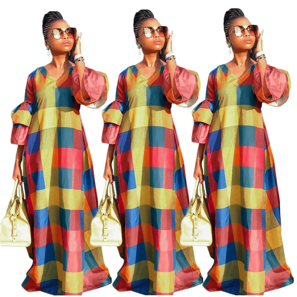 

LF3077 women fashion casual printed plaid maxi dress with ruffle sleeves