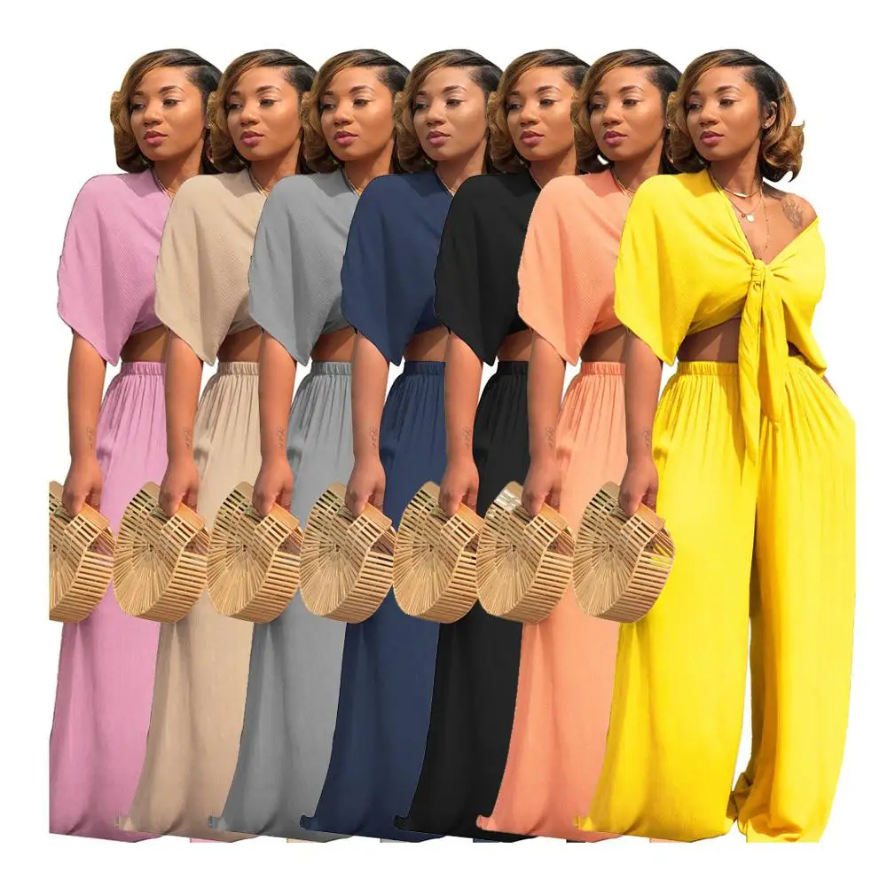 Amazon Hot Sale Summer Plus Size Sexy Plain Waist Bandage Evening Dresses Wide Leg Pants Two Piece Set Women Clothing