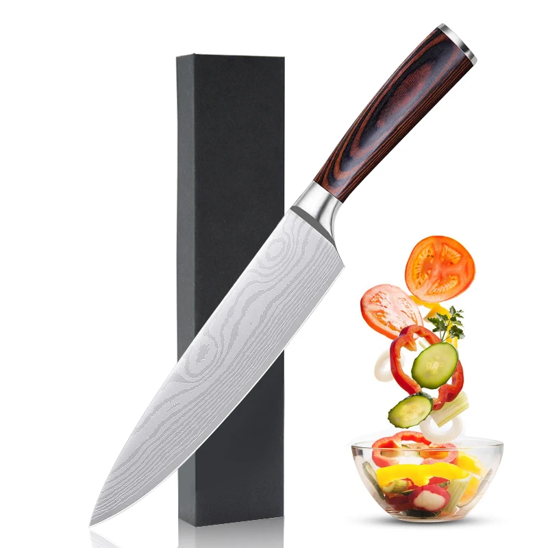 

Hot Sales Amazon 8inch 5CR15 BBQ Outdoor Damascus Kitchen Knife with Wood Handle