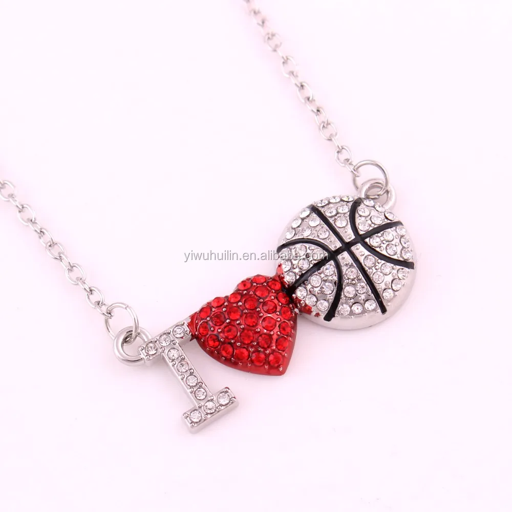 

RED CRYSTAL PAVE I LOVE BASKETBALL SIMPLE LINK CHAIN NECKLACE