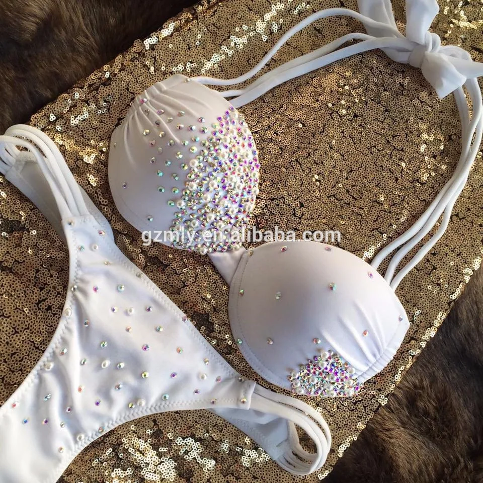Custom White Halter Hot Drilling Beads Sexy Cheeky Bikini Swimwear