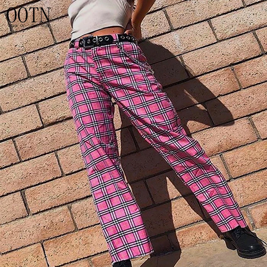 

OOTN Summer 2019 Gingham Vintage Casual Clothing Chain Female Zipper Trousers Straight Pink White Plaid Pockets Women Long Pants