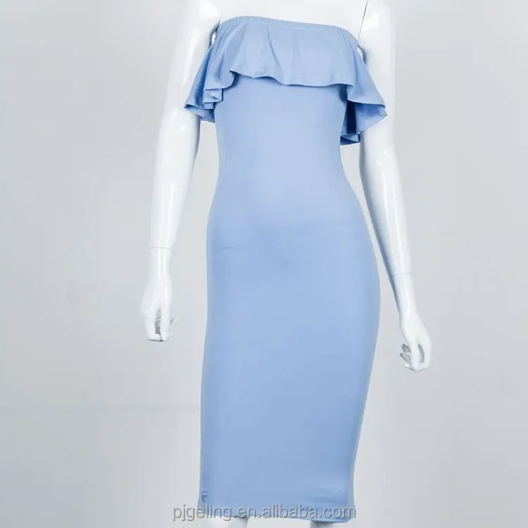 

New style wholesale cotton fabric off the shoulder woman dresses, Blue