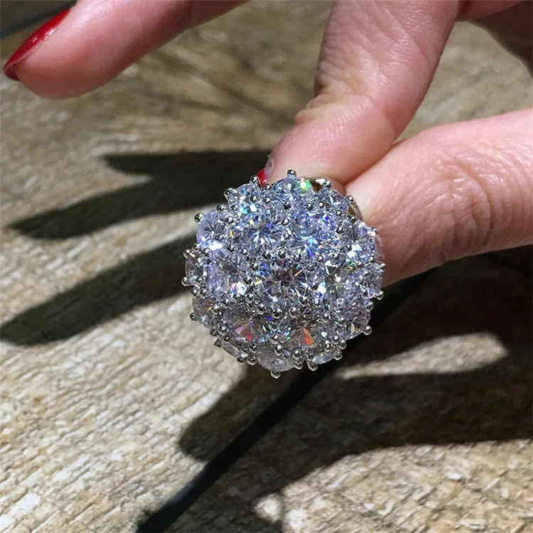 

Luxury Big Full Zircon Stone Ring Female 925 Silver Engagement Ring Vintage Party Wedding Band Crystal Flower Rings For Women