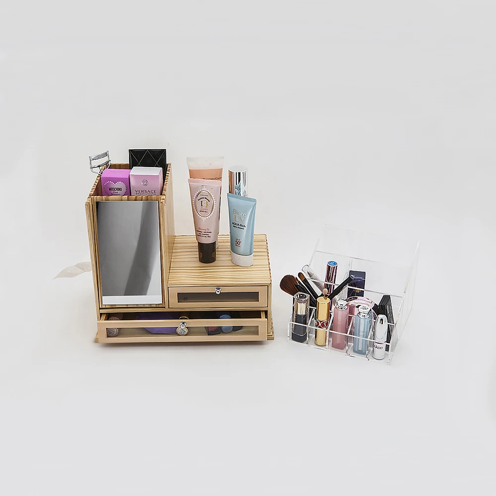 Solid Wood Cosmetic Display Case With Clear Acrylic Top And Mirror,Makeup Display Case Buy
