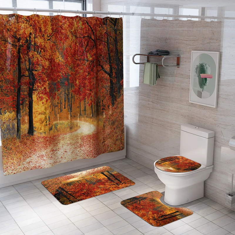 Maple leaf printed Toilet Pad Cover Bath Mat Shower Curtain Set for Bathroom Decoration
