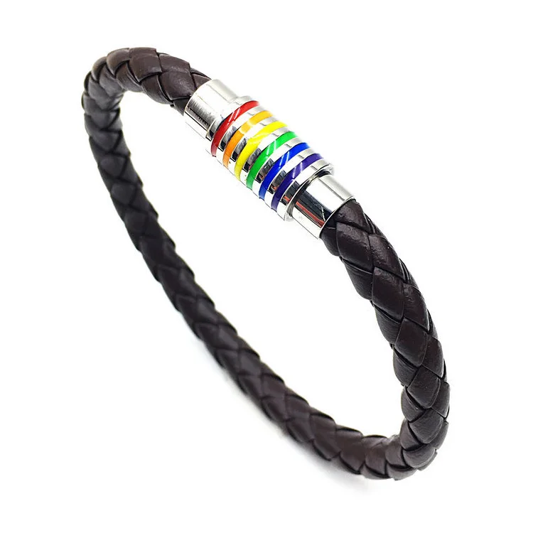

fashion mens slim gay pride rainbow magnetic buckle stainless steel braided leather bracelet, Brown, black