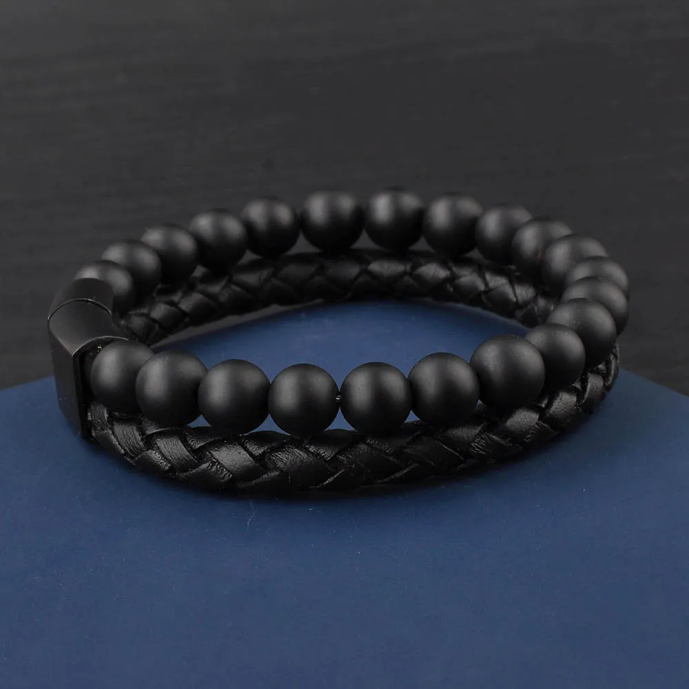 Fashion Jewelry Black Leather Round Stone Bead Design Cool Bracelets