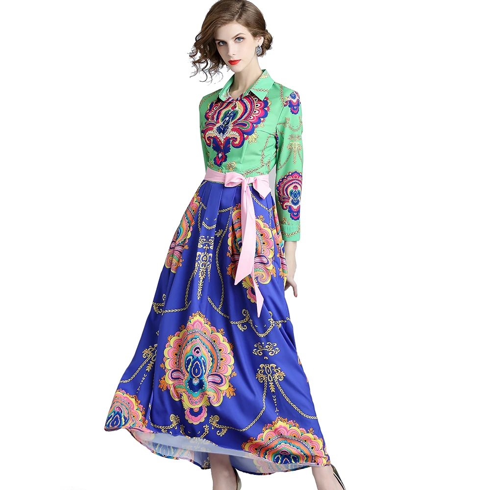 

Wholesale In Stock Elegant Women Fashion Turn Down Collar Color Block Digital Print Long Sleeve Maxi Dress