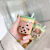 

OEM custom headphone cover earphone EVA Silicone 3D stereo feel Pearl milk tea pattern for Airpods Case with finger ring
