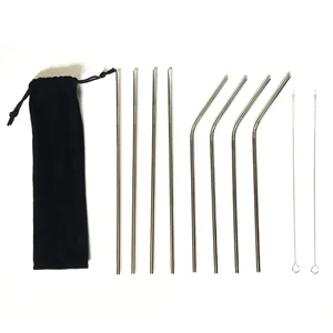 Image of Eco friendly 8pcs metal straw set with pouch, stainless steel drinking straw