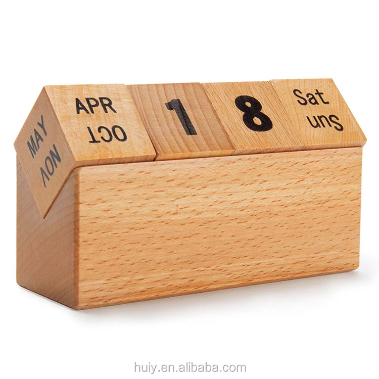 Natural Wood Perpetual Desk Calendar Cube With Blocks Display Stand