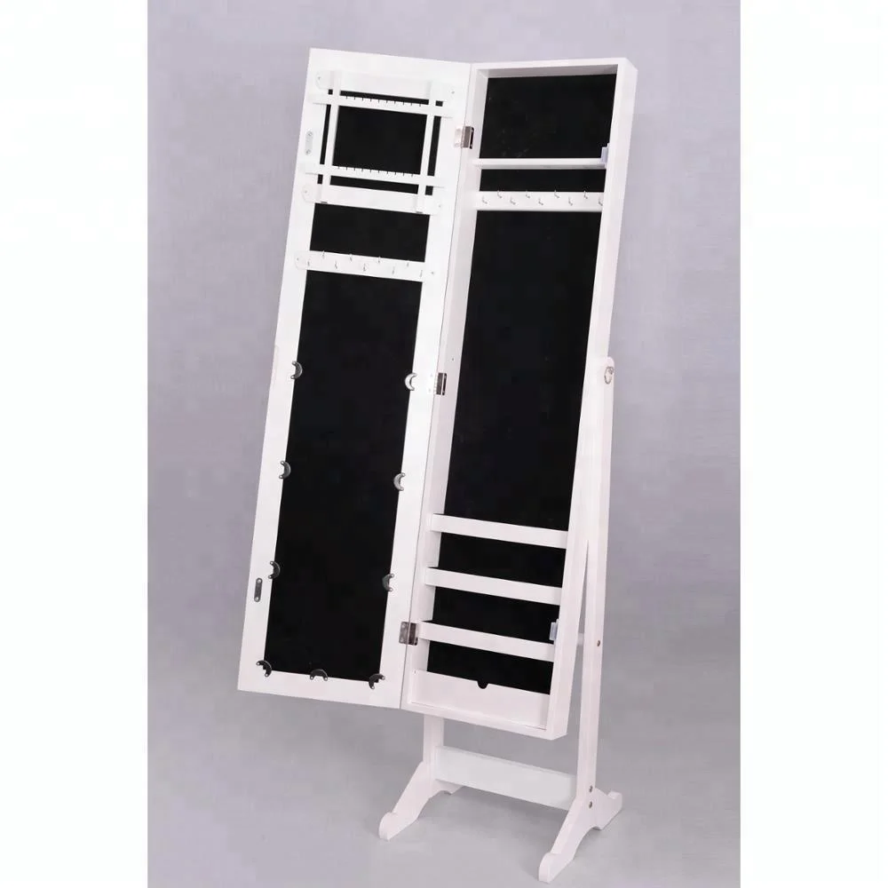 White Chinese Standing Mirror Jewelry Box Wood Floor Standing