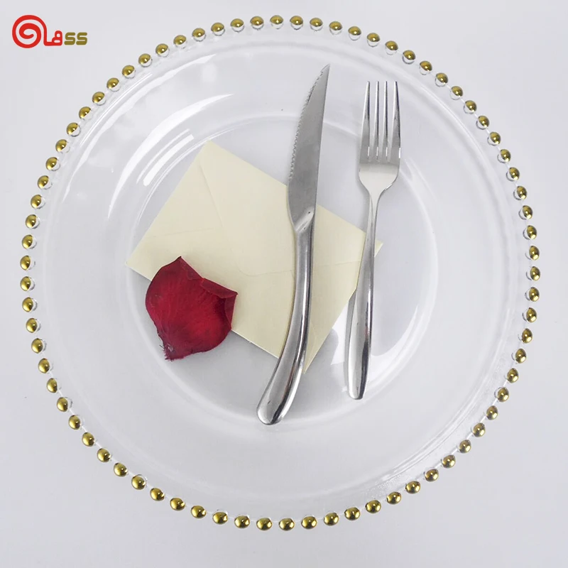 

Gold rim glass charger plates dinnerware set fruit service plate for wedding banquet, Transparent