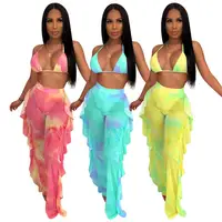 

Sexy hollow out bikini falbala wide leg pants two piece set Gradient Neon Bandage Falbala Women 2pcs