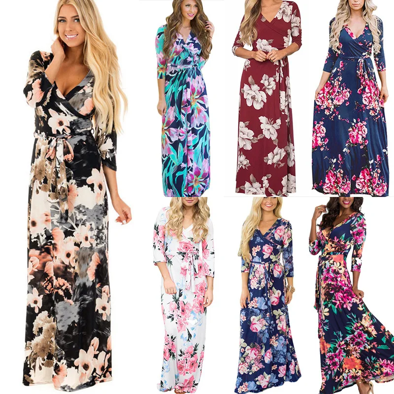 

Women Summer Floral Print Maxi Dress Boho Style Long Beach Dress Evening Party Bodycon Dress Plus Size, As picture