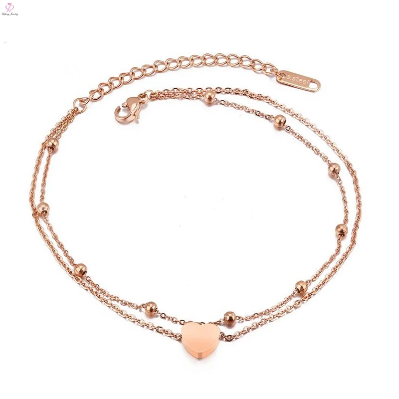 Fashion New Design Silver Fancy Anklets Foot Jewelry Custom Rose Gold Heart Stainless Steel Chain Ankle Bracelet For Women