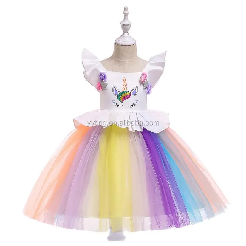Baby Girl Unicorn Flower Princess Dress Birthday Party Princess Dress Stitching Colorful Net Yarn Princess Dress