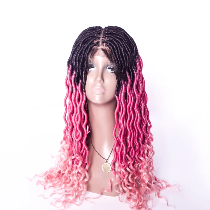 

27inch goddess faux loc synthetic hair ombre pink senegal lace front crochet braiding wig, N/a
