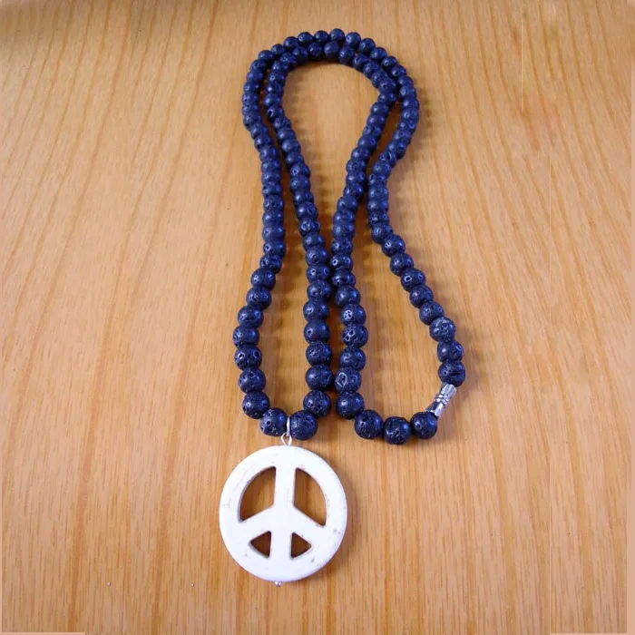 

NE2013 Fashion jewelry black volcanic lava stone beaded peace sign pendant necklace,peace pendant necklace